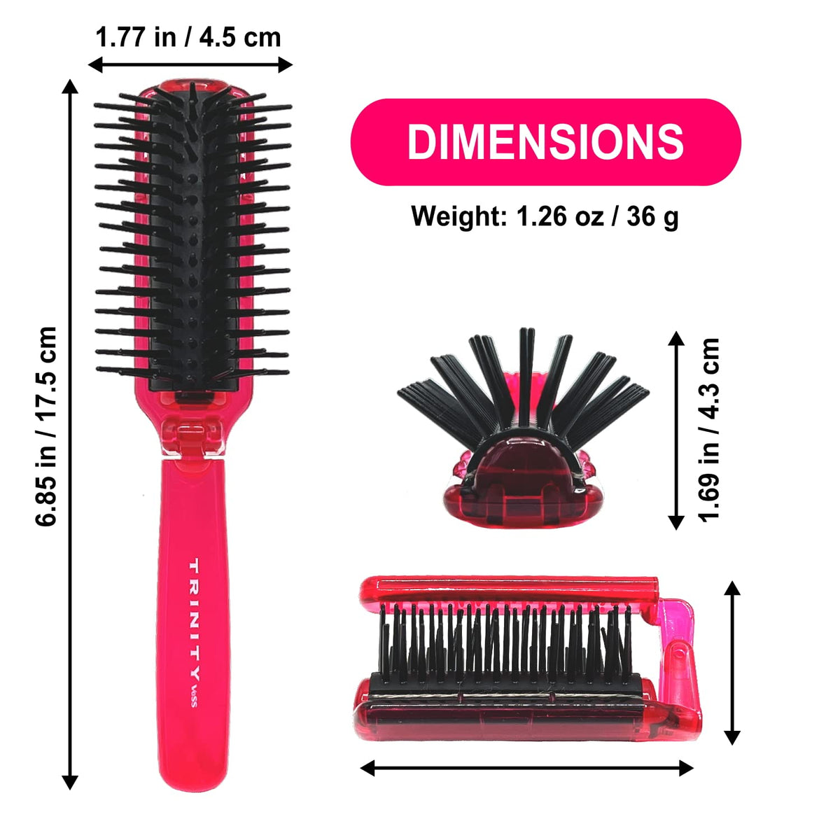 VESS Trinity Folding Anti-Static Hair Brush TY-780, Compact Travel Detangler, Pink