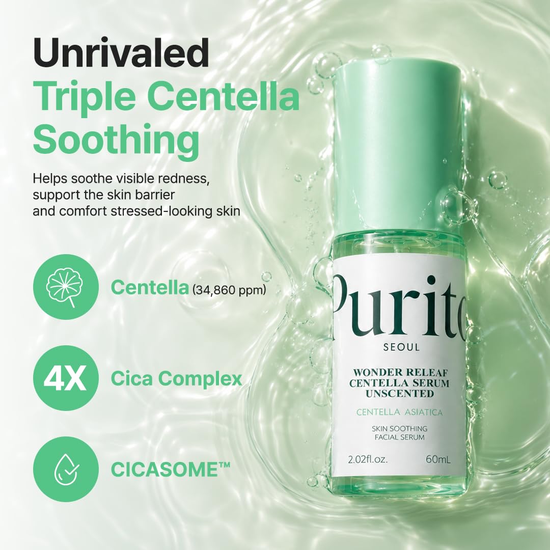 PURITO Wonder Releaf Centella Serum Unscented, Soothing Triple Centella Facial Serum for Sensitive Skin, 60 mL