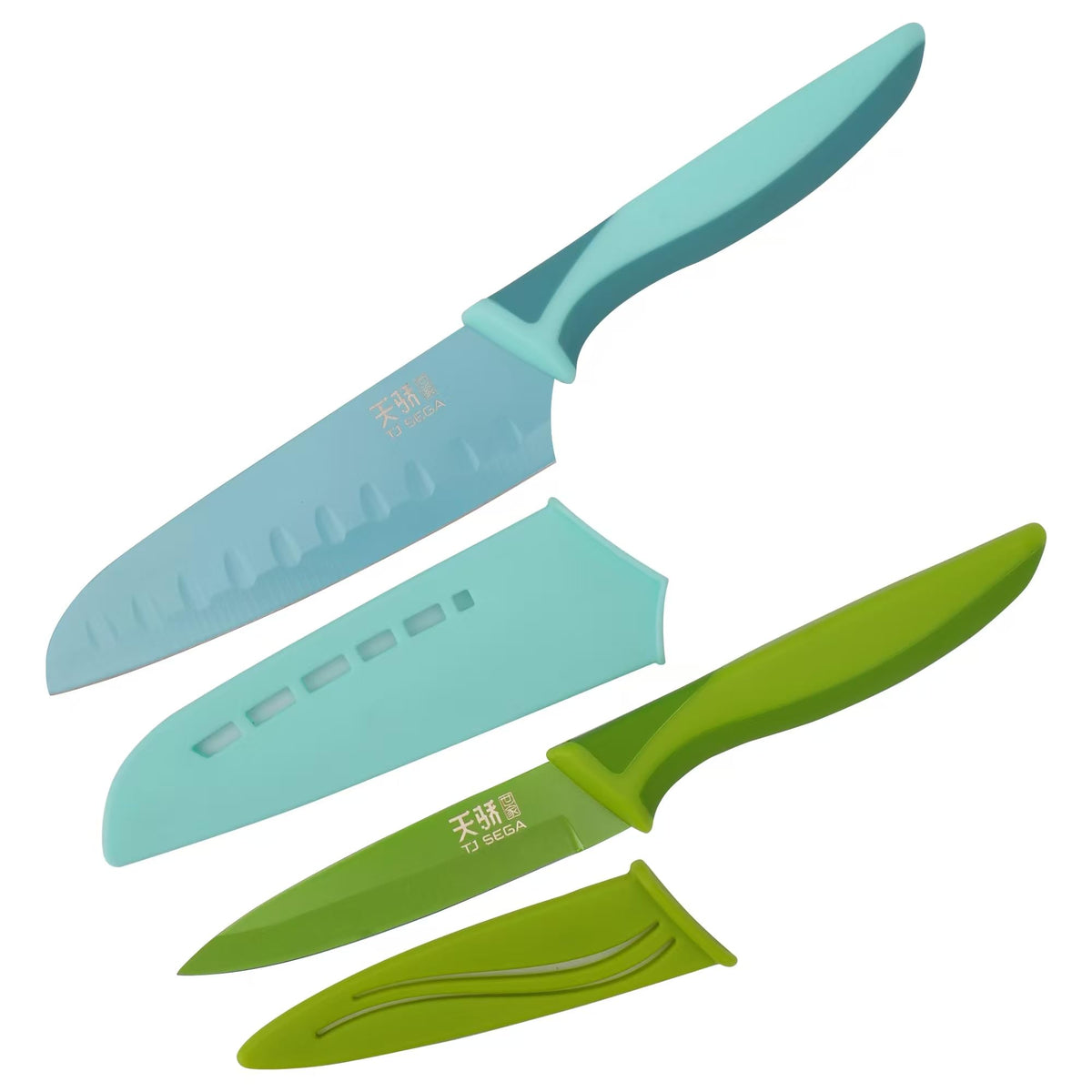 TJ POP Small Santoku and Petty Knife 2-Piece Set with Sheaths, Non-Stick Coated, Blue and Green