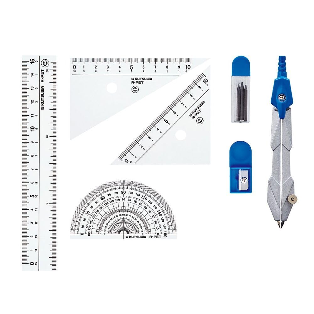 Kutsuwa Ruler Set, Black 4 Piece Set KB035 with 16 cm Ruler, Two Set Squares and Protractor in a Case, or Clear 7 Piece Set AP036 with Compass