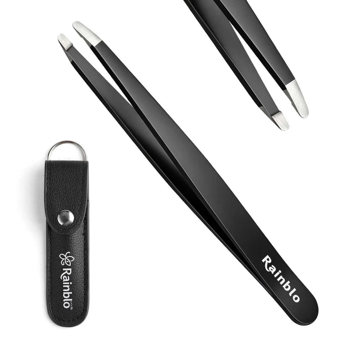 Rainblo Round-Tip Precision Tweezers, Black Heat-Treated Stainless Steel Tweezers with Storage Pouch and Cap
