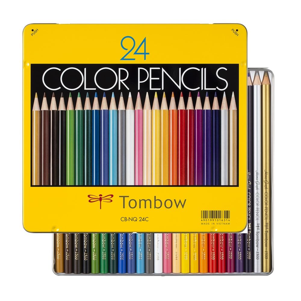 Tombow NQ Colored Pencils in a Yellow Tin, 12, 24 or 36 Colours, Round Barrel with Smooth Vivid Core, Tin 102 x 12 x 186 mm for 12 Colours