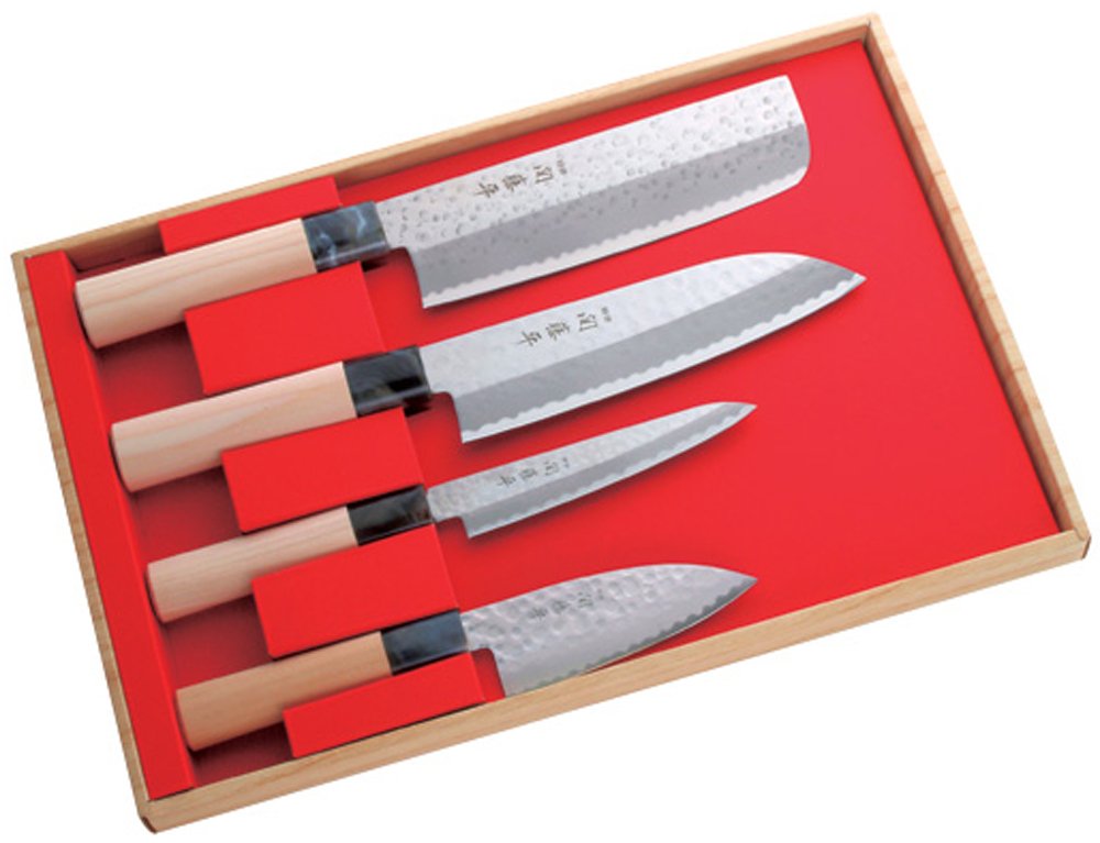 Yaxell Hammered Tsuchime Knife Set — Reduces food adhesion on blades