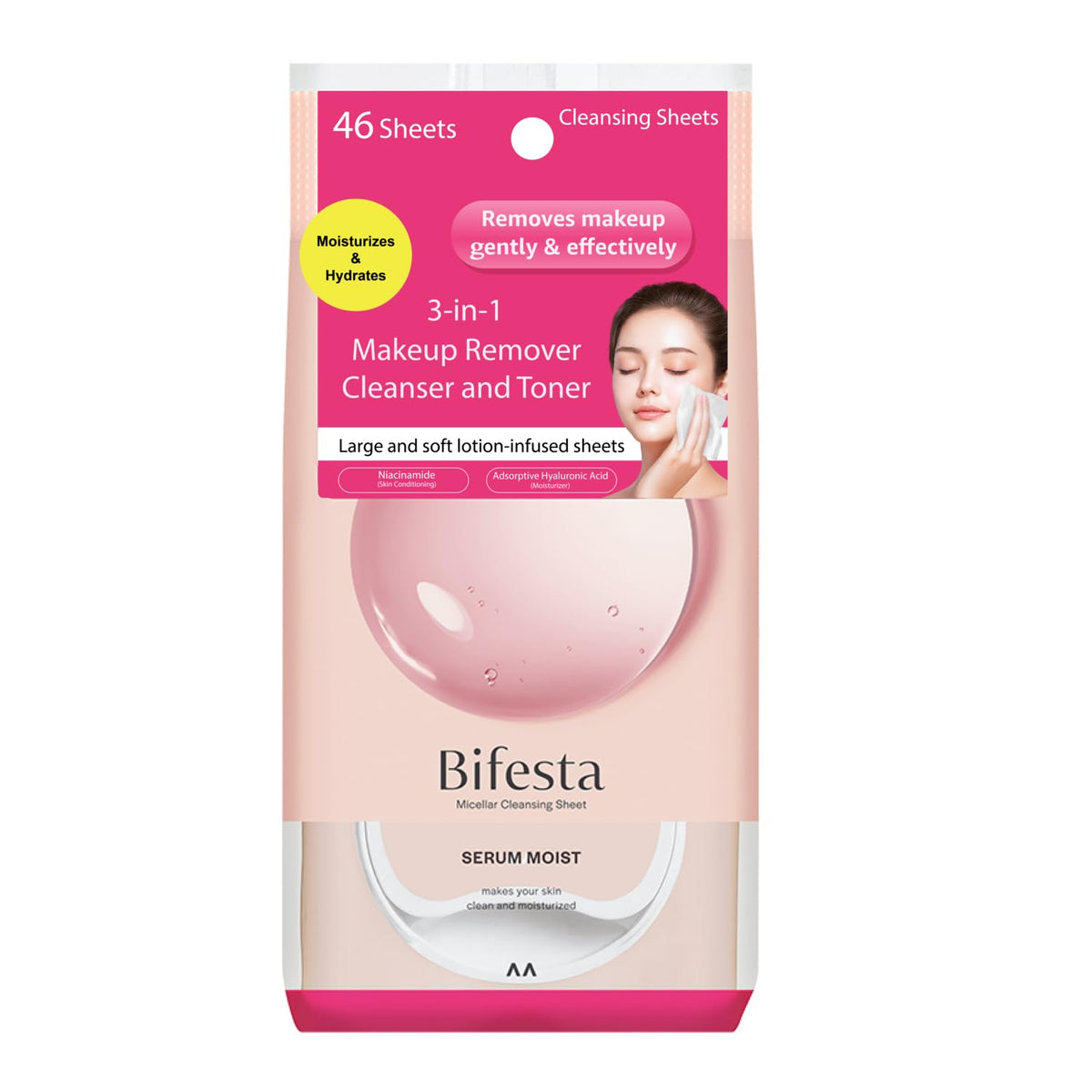 Bifesta Micellar Cleansing Sheets Serum Moist, 46 Large Sheets, 3-in-1 Makeup Remover, Cleanser and Toner with Niacinamide and Hyaluronic Acid