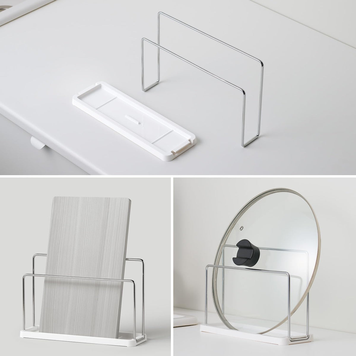 LEC Standing Chopping Board and Pot Lid Stand, Slim Metal Rack with Removable Tray for Boards up to 40 mm and Lids up to 300 mm, About 27 x 8.5 x 17.5 cm