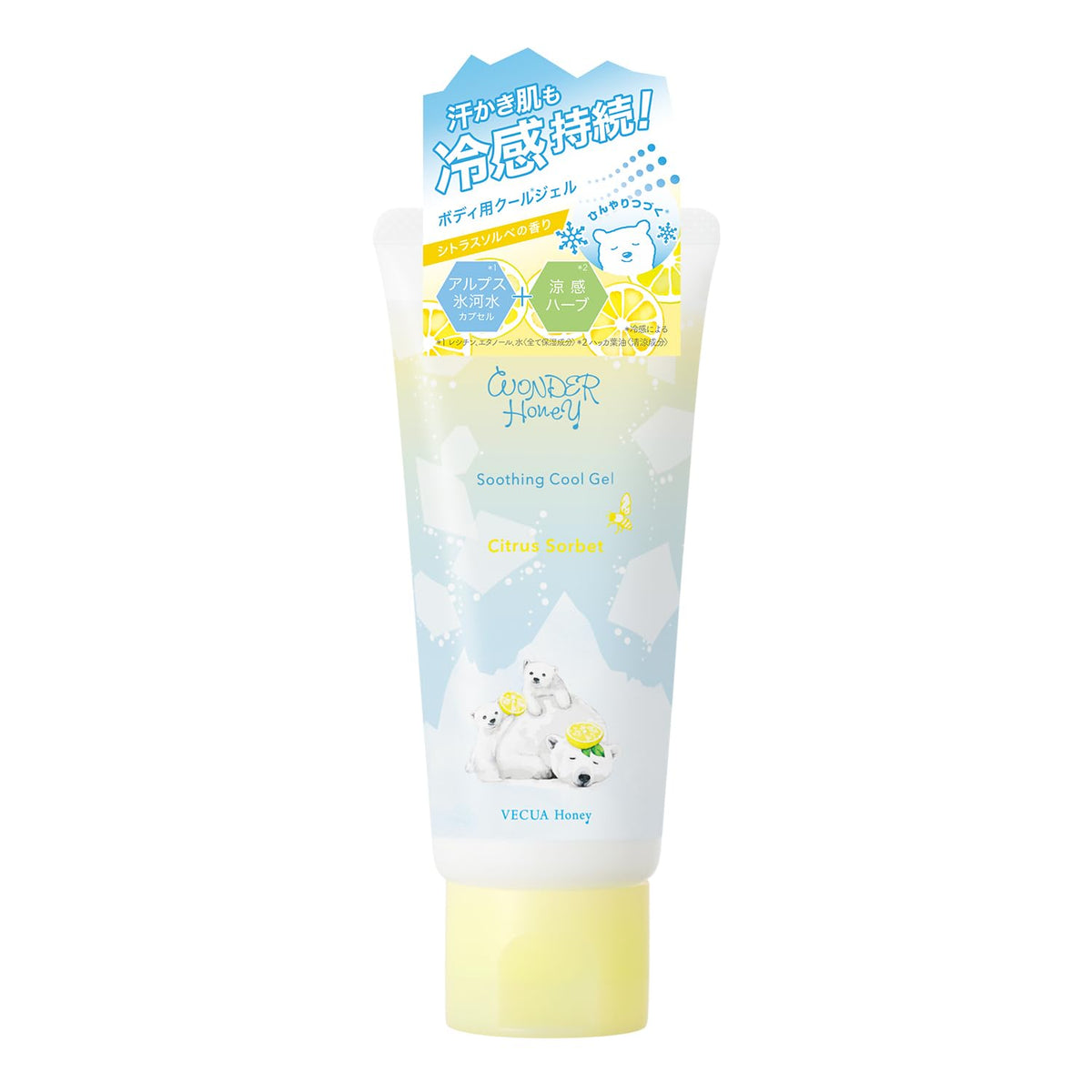 Wonder Honey Soothing Cool Gel Citrus Sorbet, Refreshing Cooling Body Gel with Alpine Glacier Water Capsules and Menthol for Sweaty Skin, Neck, Underarms and Wrists, 60 g Tube