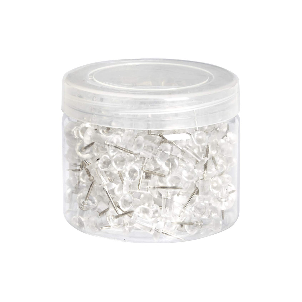 Amazon Basics Clear Push Pins, 200 Pins with Steel Points and 12 mm Plastic Heads in a Clear Tub, for Cork, Foam and Card Boards, 7 x 7 x 6 cm