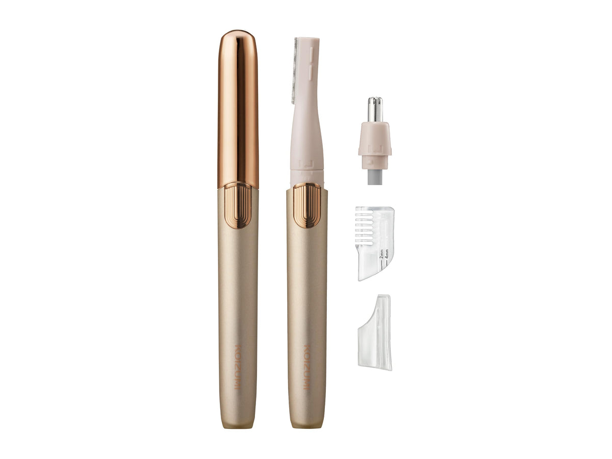 Koizumi Face Shaver and Nose Trimmer KLC-0851, USB Type-C Rechargeable Brow and Face Shaver with Brow Comb and Cover, White or Gold