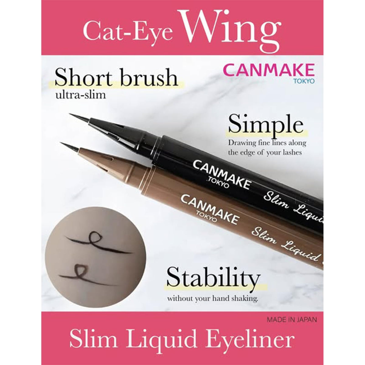 Canmake Slim Liquid Eyeliner, Ultra-Fine Short-Brush Liquid Eyeliner that Draws Thin Lines along the Lash Line, 0.7 mL