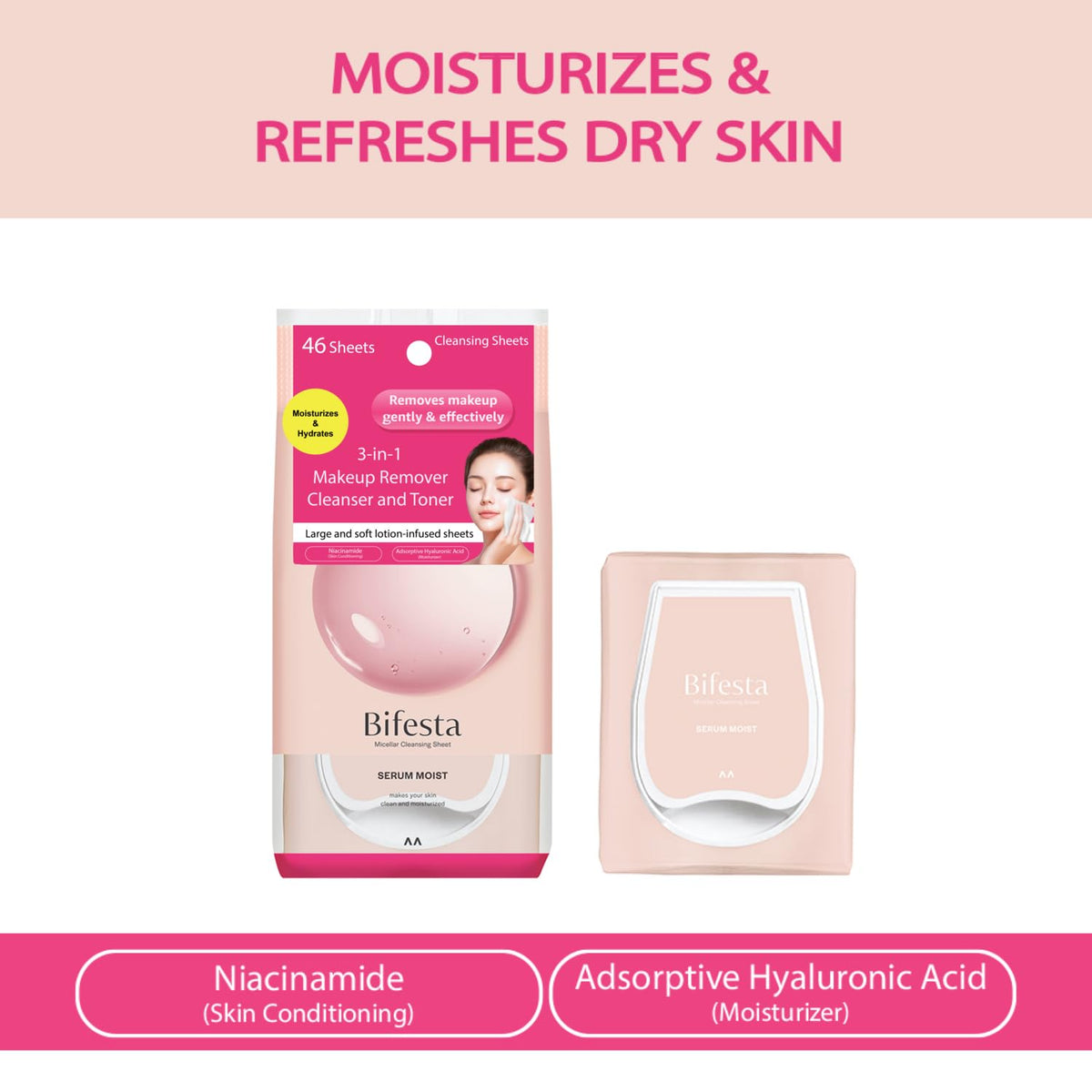 Bifesta Micellar Cleansing Sheets Serum Moist, 46 Large Sheets, 3-in-1 Makeup Remover, Cleanser and Toner with Niacinamide and Hyaluronic Acid