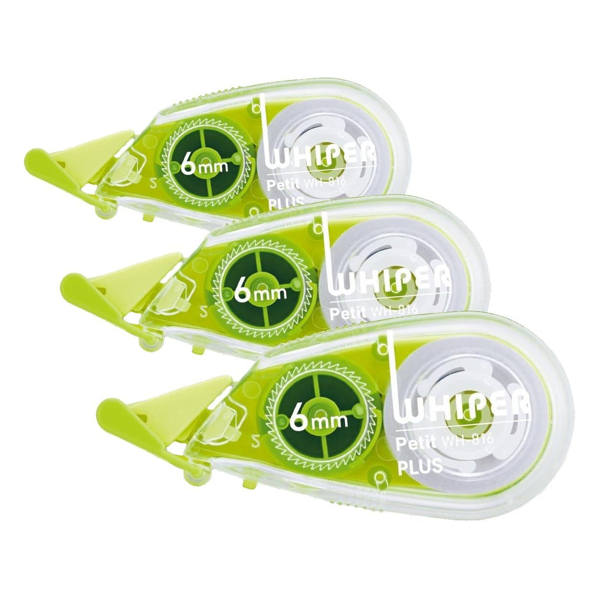 PLUS Whiper Petit Correction Tape 4, 5 or 6 mm x 6 m, Disposable with One-Touch Cap and Press-Fit Head, 58 x 15 x 26 mm Each, Blue, Green or Pink, Packs of 3 to 15