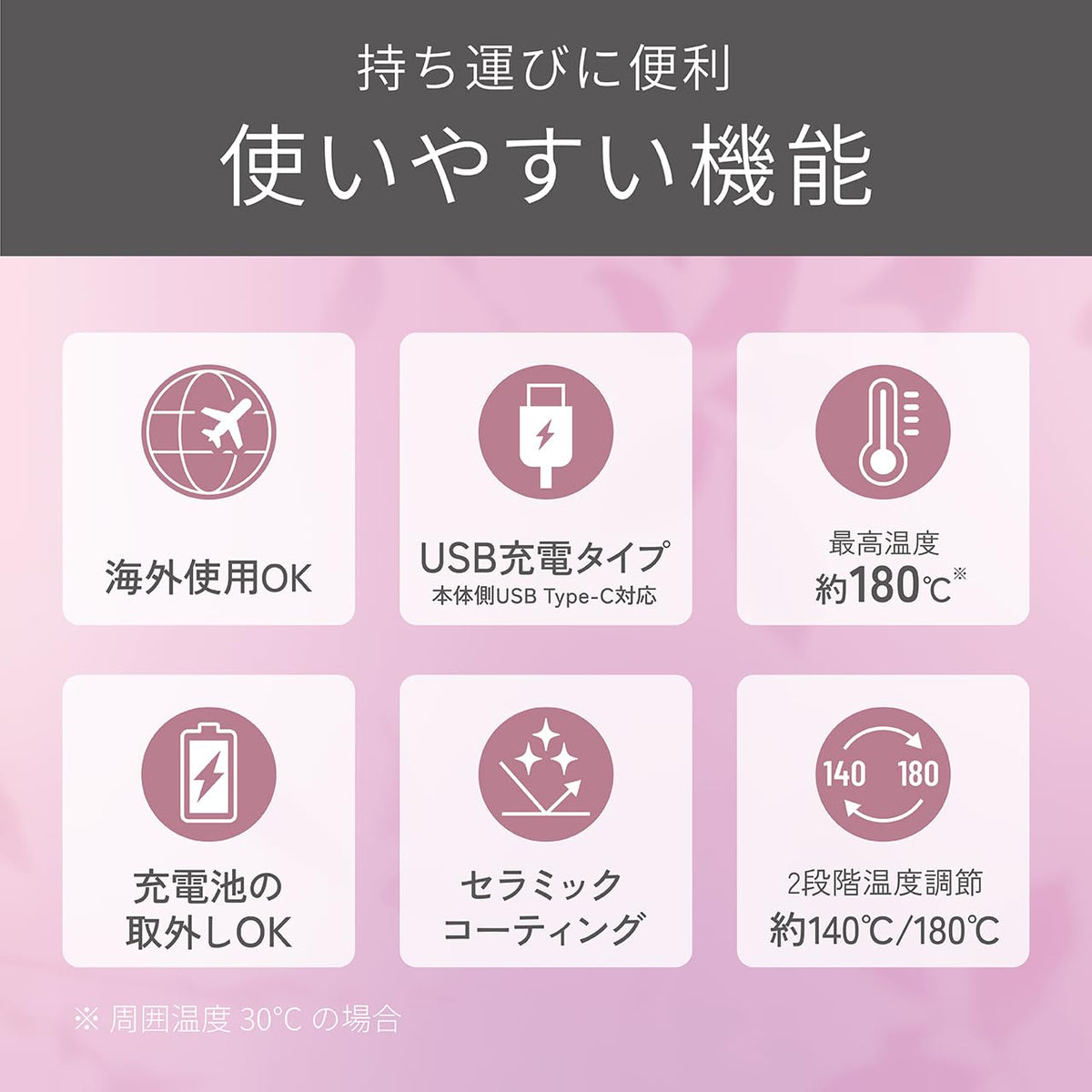 Koizumi Fringe Iron Plus KHR-AS03/P, Cordless USB-C Rechargeable Brush Iron with 140 and 180 C Settings and Detachable Battery, Pink with Heat-Resistant Pouch