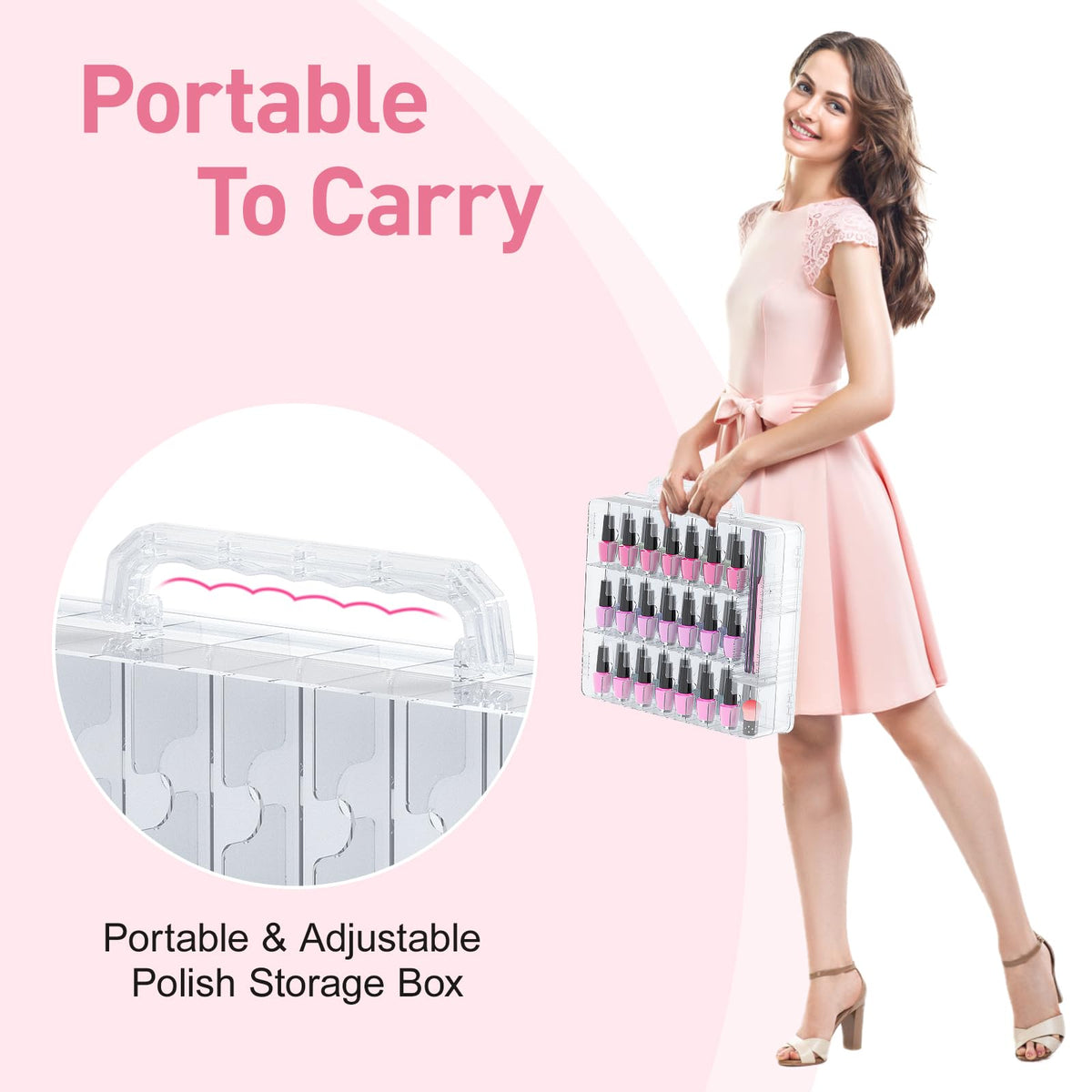 Beloving Clear Nail Polish Organizer for 48 Bottles, Double-Sided Portable Polish Storage Case with 6 Adjustable Spacers
