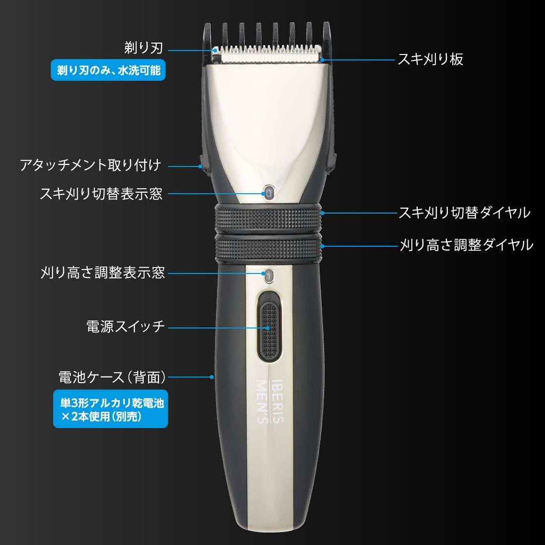 OHM Iberis Men's Battery Hair Clipper HB-HCKG2100N-K, Cordless Clipper with Two Combs, 10 Cutting Heights and a Thinning Dial, Black, Made in Japan
