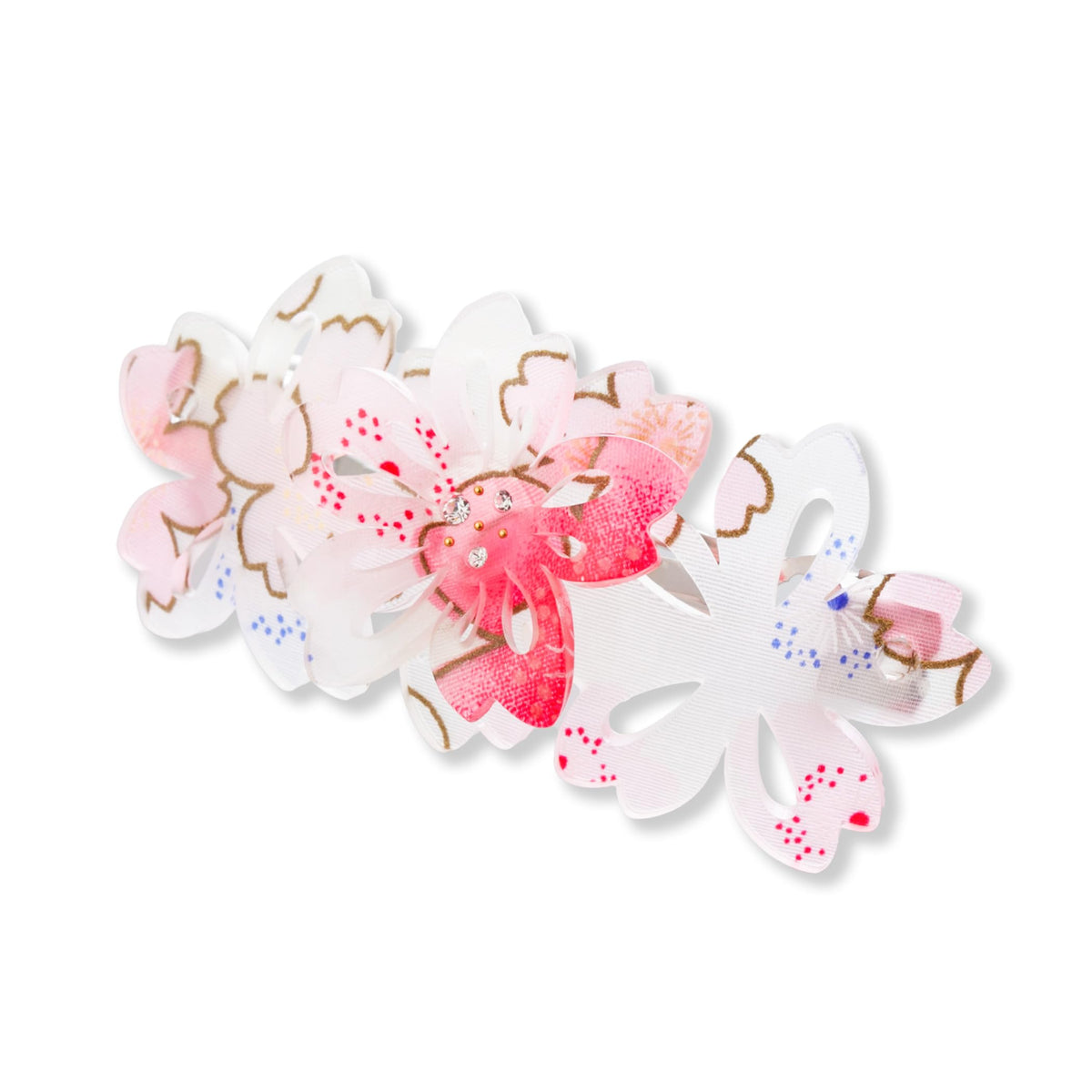 Noren Japanese Pattern Sakura Hair Barrette 863, Acrylic with Japanese Fabric and Rhinestone, Made in Taiwan, Purple or Pink