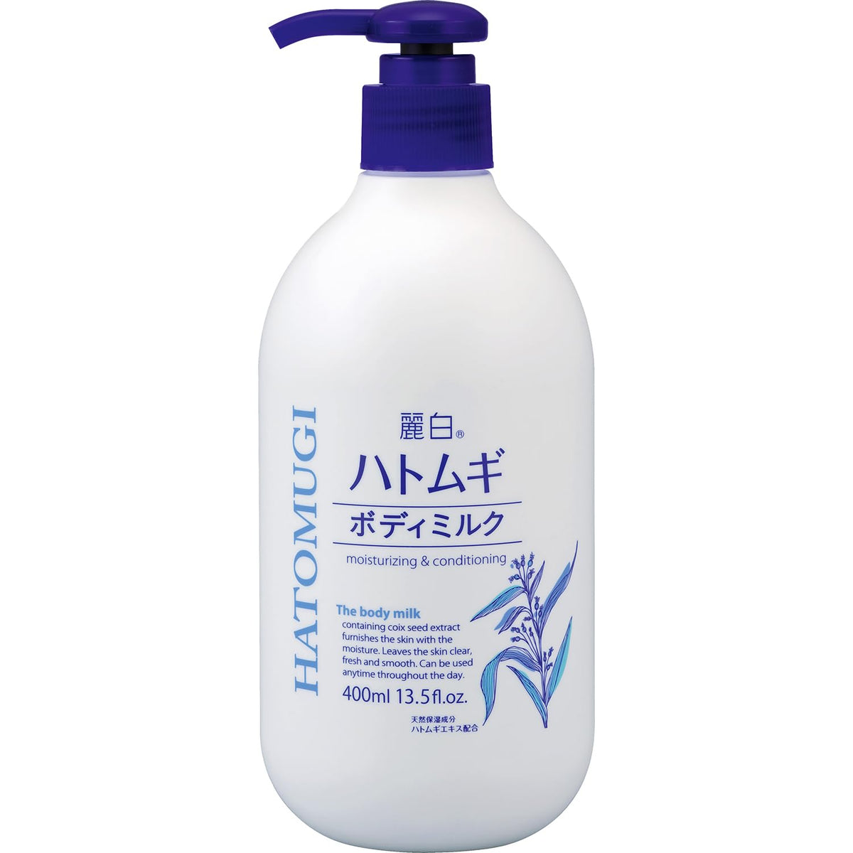 Reihaku Hatomugi Body Milk, Moisturizing Body Lotion with Job's Tears Seed Extract and Hyaluronic Acid, 400 mL Pump Bottle
