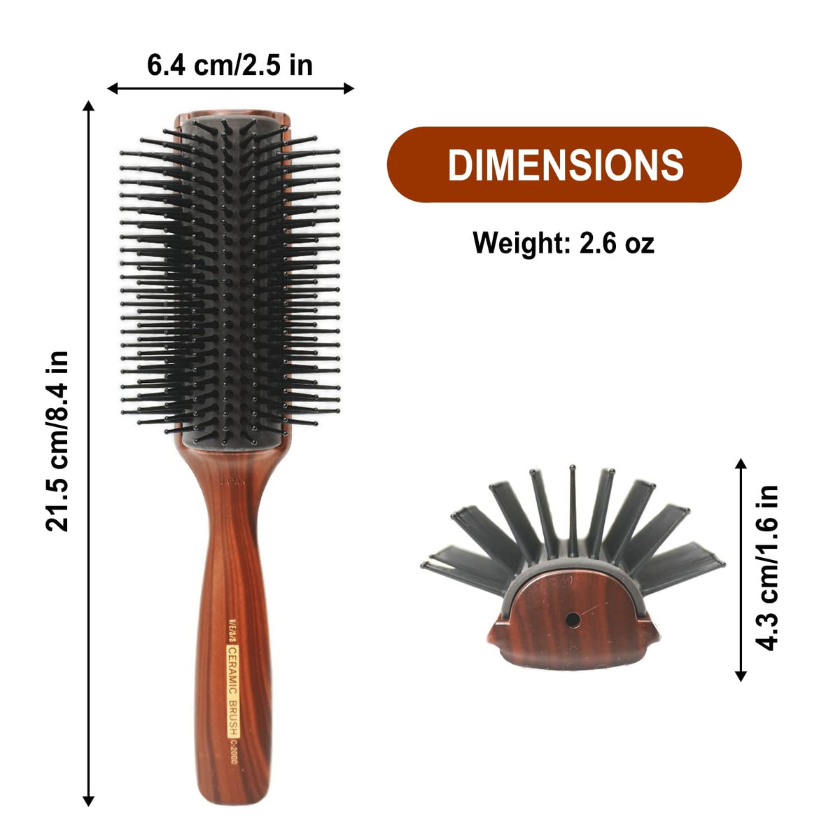 VESS C-2000 Professional Hair Brush, 9-Row Tourmaline Ceramic with Round-Tip Nylon Bristles and Curved Pad, Wood-Grain Brown