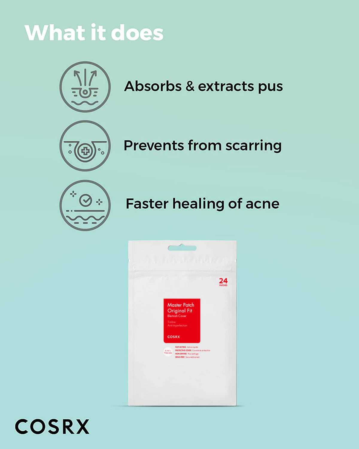 COSRX Master Patch Original Fit, Hydrocolloid Blemish Patches in 3 Sizes, 4 Sheets of 24 Patches