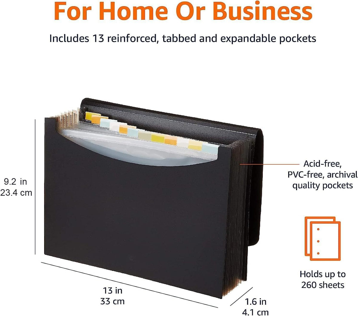 Amazon Basics Expanding Poly File Folder A4, 13 Tabbed Pockets Holding up to 260 Sheets, Cord Closure, Waterproof and Tear-Resistant, 33 x 23.4 x 4.1 cm, Black or Black and Gray