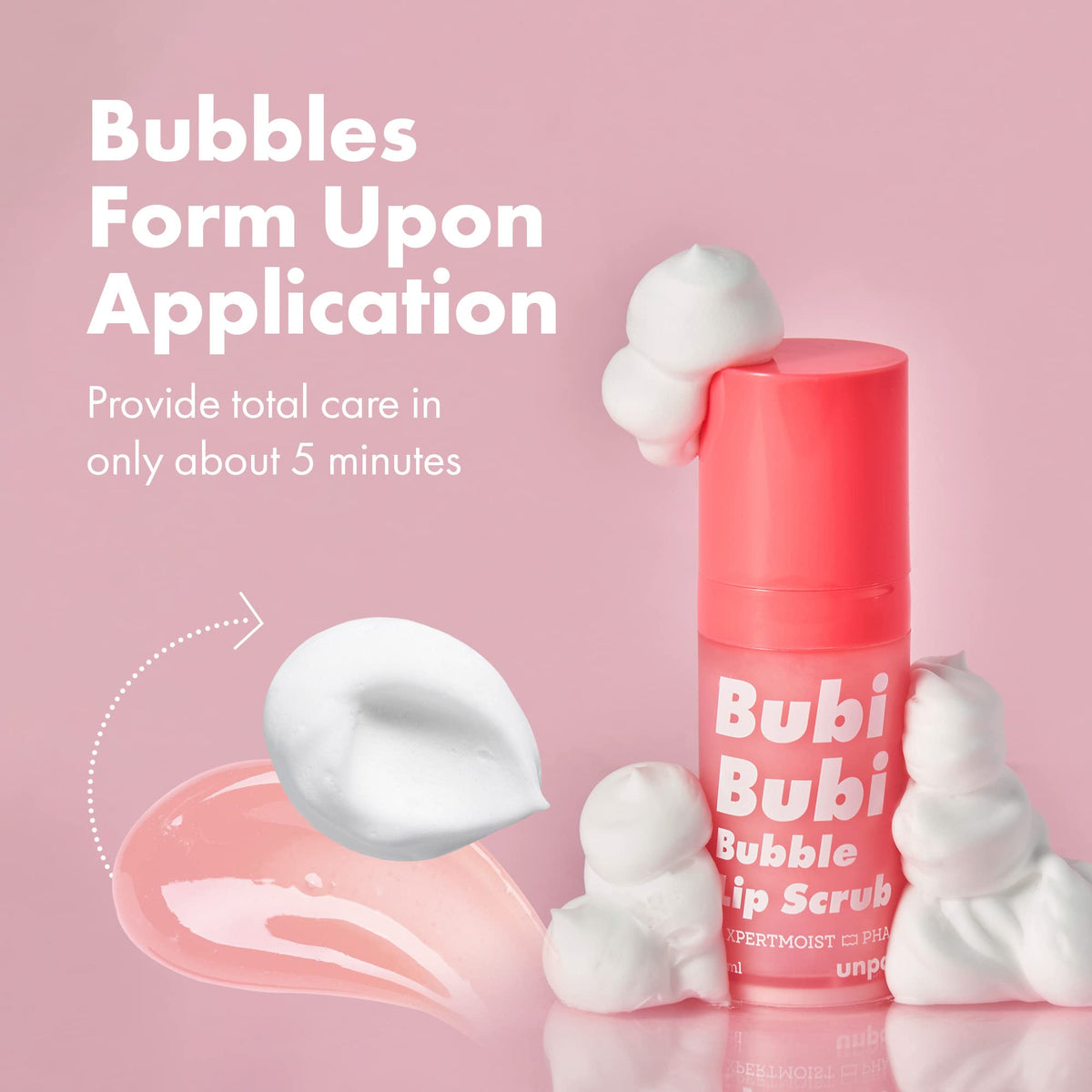 UNPA Bubi Bubi Bubble Lip Scrub 10 mL, Gel-to-Bubble Exfoliating Lip Scrub for Rough, Flaky Lips, Peach Scent