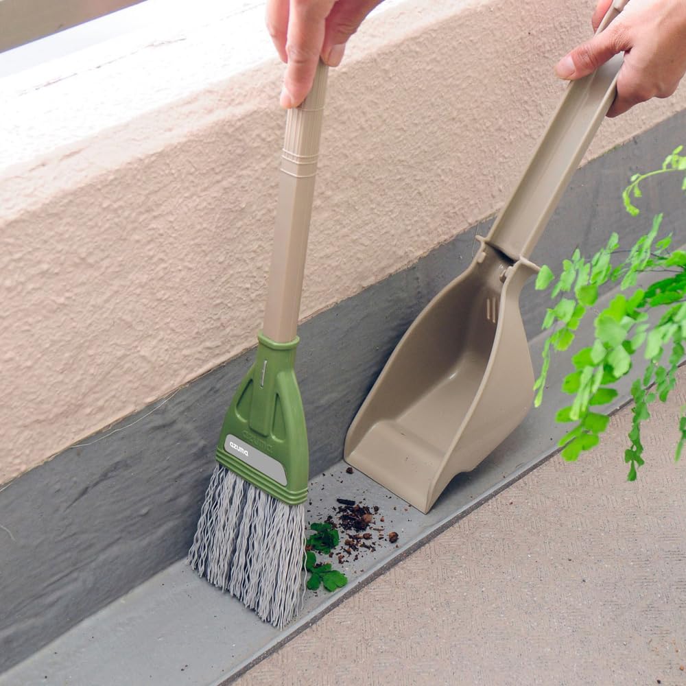 Azuma Compo Balcony and Gutter Dustpan and Broom Set, Water-Resistant Broom with Draining Slit Dustpan, 8 cm Wide and 43.5 cm Long