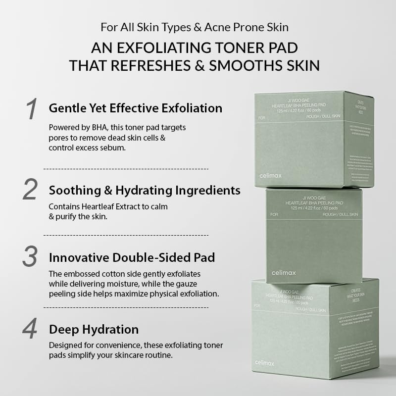 celimax Ji Woo Gae Heartleaf BHA Peeling Pad, Double-Sided Exfoliating Toner Pads with Salicylic Acid, 60 Pads