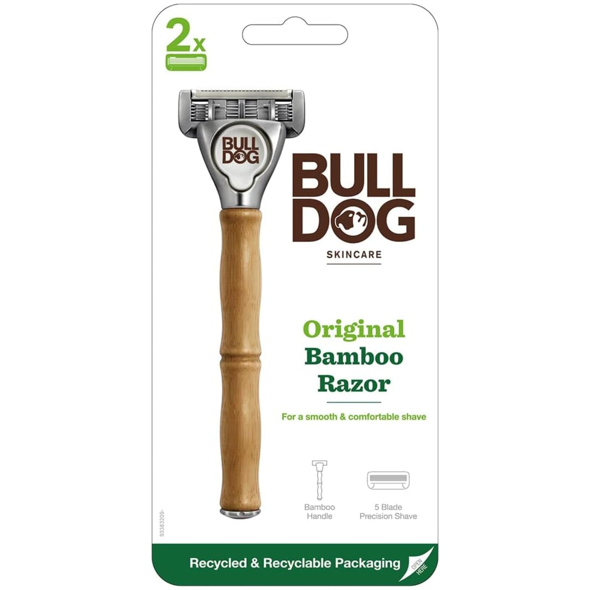 Bulldog Original Bamboo Razor, 5-Blade Pivoting Razor with Aloe Smoother and Rear Trimmer, Bamboo Handle with 2 Blades