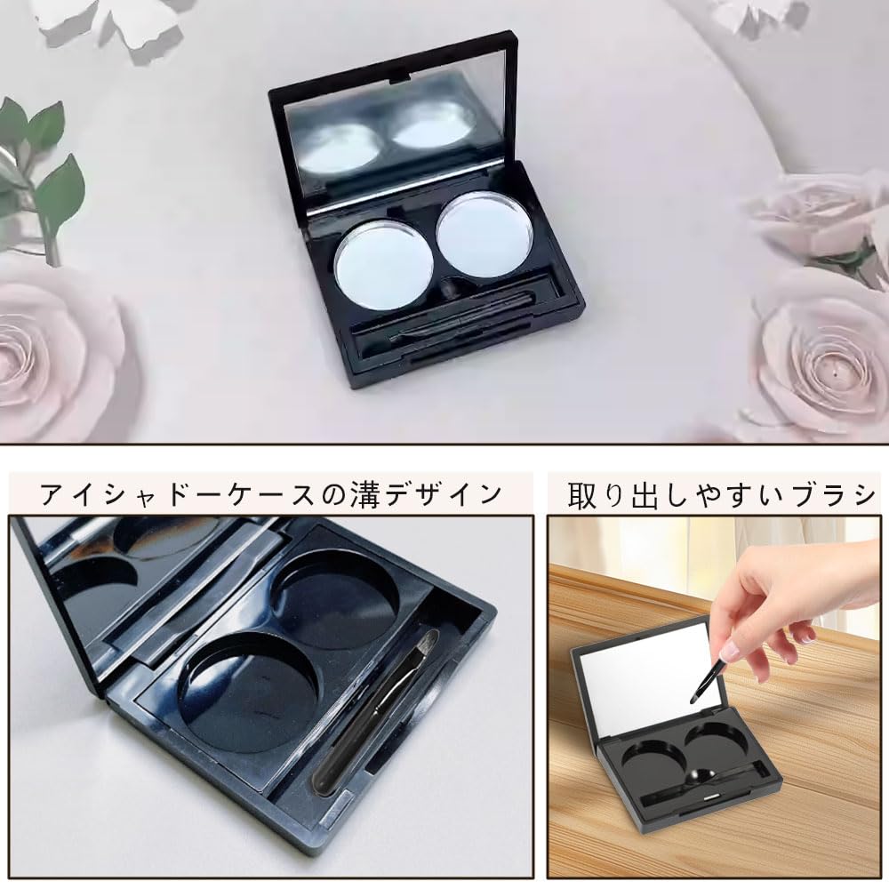 GIOECRY Empty Eyeshadow Palette Cases, Set of 3 Refillable 2-Pan Makeup Cases with Mirror, Brushes and Adhesive, 26.3 mm Pans
