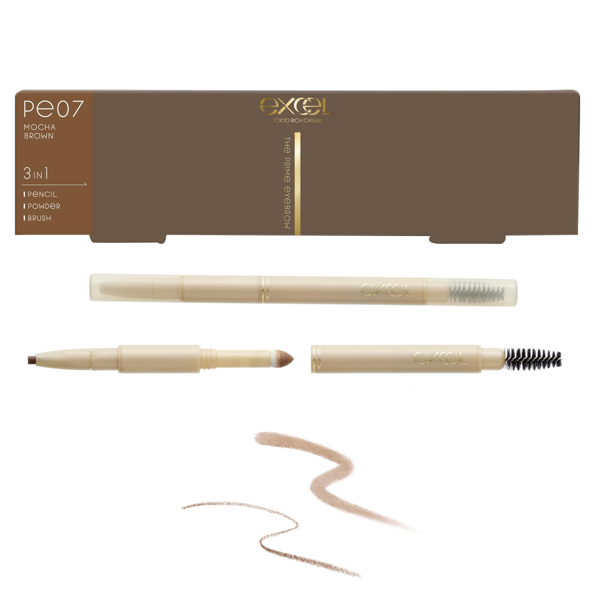 Excel The Prime Eyebrow 3-in-1 Eyebrow Pencil, Powder and Brush in One, Waterproof Formula Oval Lead, 8 Shades, Made in Japan