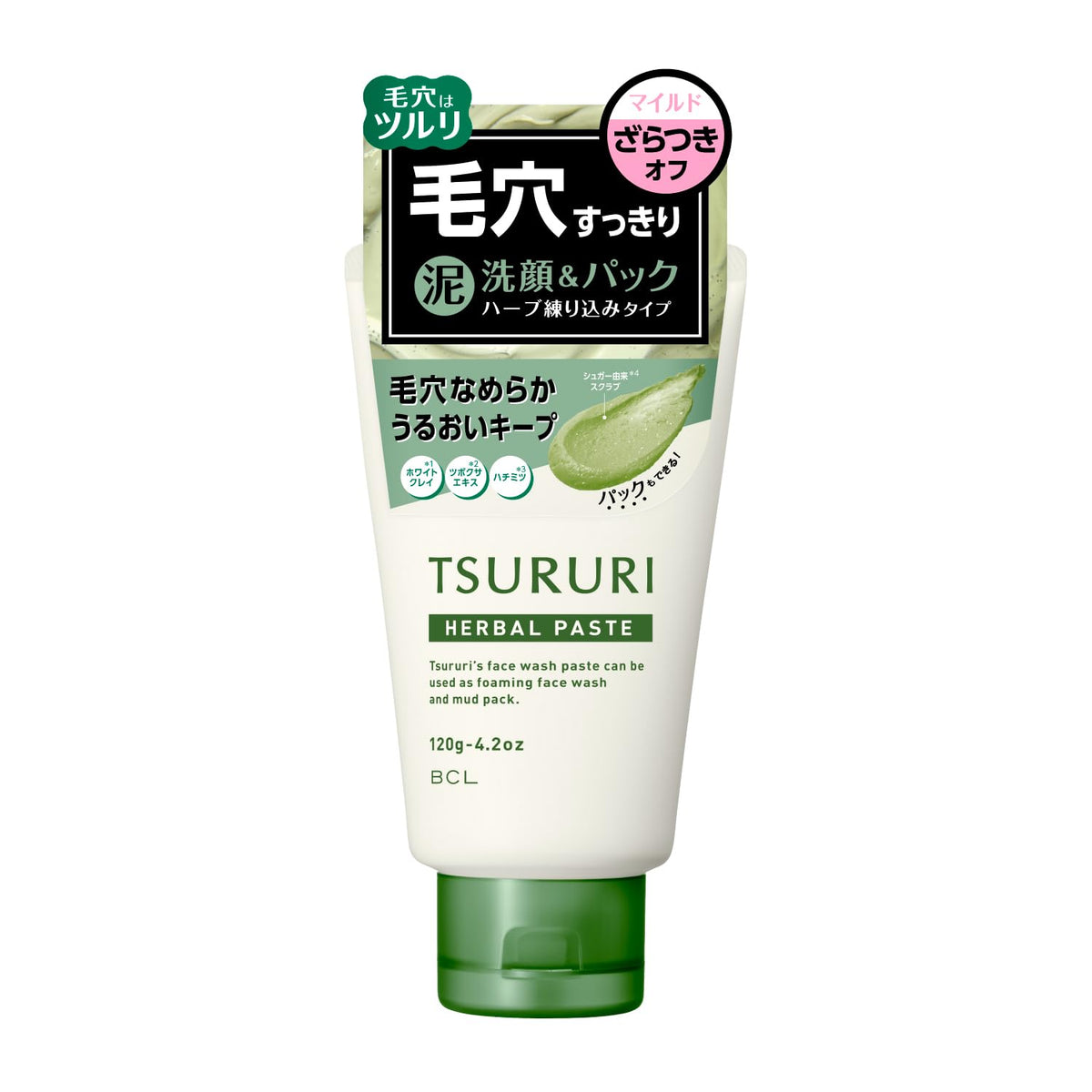 Tsururi Herbal Paste Two-Way Face Wash with White Clay, Gotu Kola Extract, Honey and Sugar Scrub, Mild Foaming Wash and Mud Pack, Mixed Herb Scent, 120 g