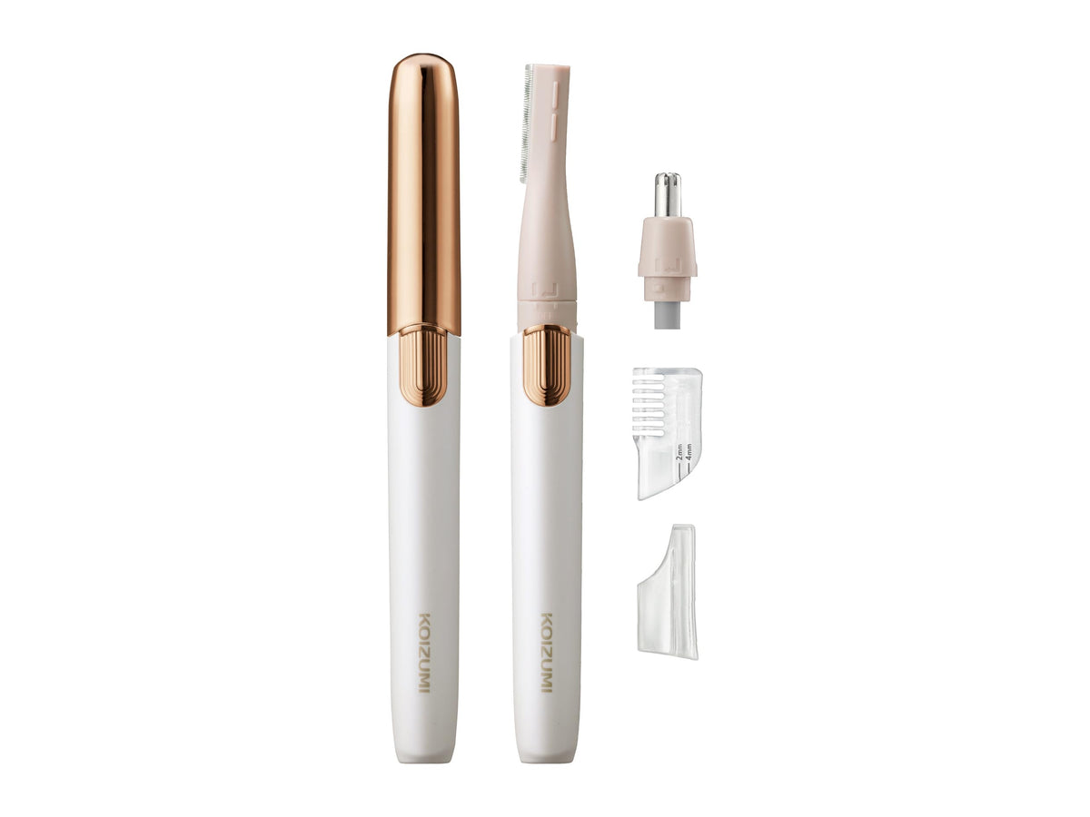 Koizumi Face Shaver and Nose Trimmer KLC-0851, USB Type-C Rechargeable Brow and Face Shaver with Brow Comb and Cover, White or Gold