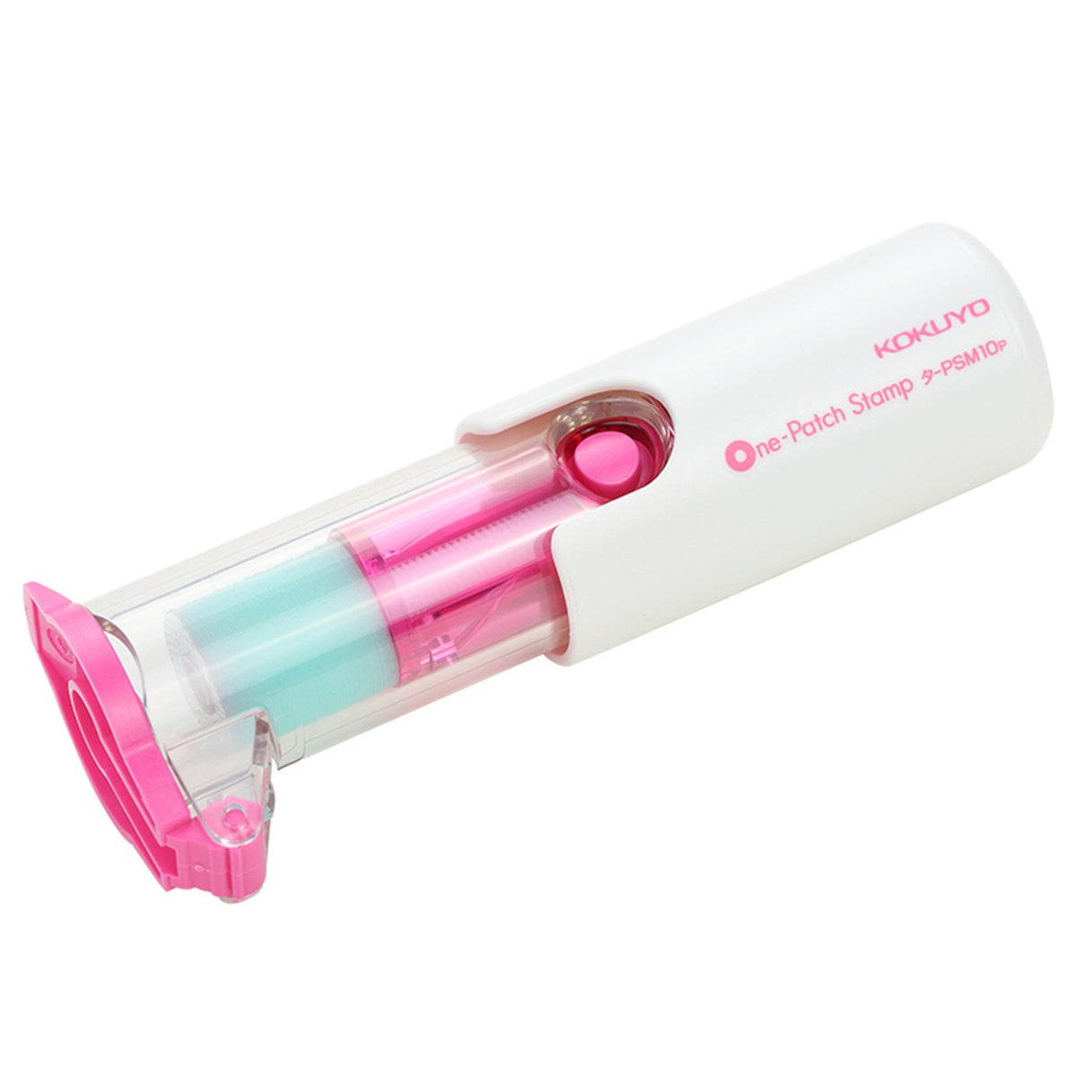 Kokuyo One-Patch Stamp Hole Reinforcement Applicator, Push-On Seal for Punched Holes, 97 x 35 mm Holder with Clear Seal, Blue, Green or Pink, 1 or 3 Holders