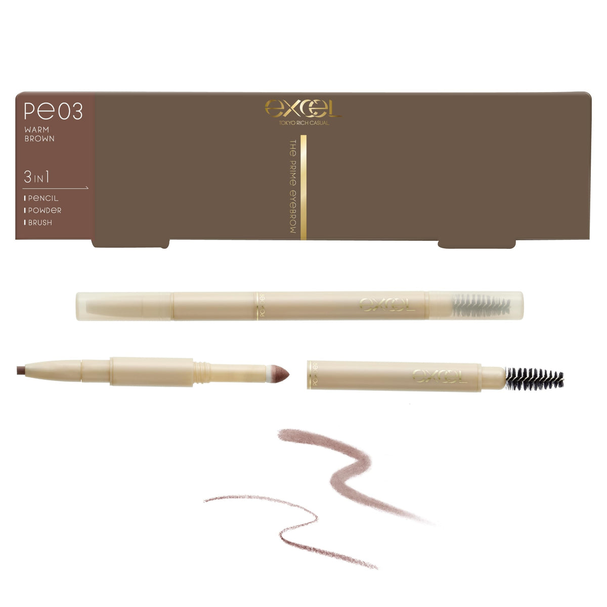 Excel The Prime Eyebrow 3-in-1 Eyebrow Pencil, Powder and Brush in One, Waterproof Formula Oval Lead, 8 Shades, Made in Japan