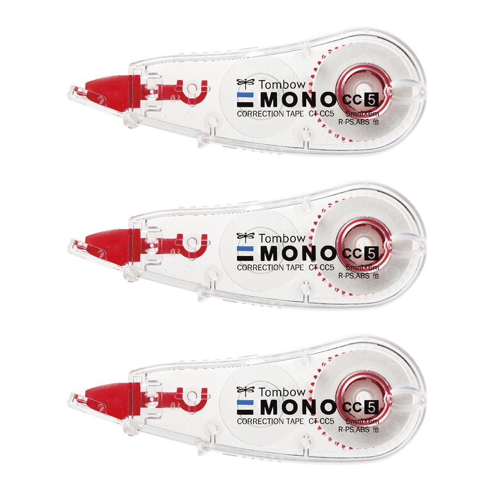 Tombow Mono CC Disposable Correction Tape, 5, 6 or 8.4 mm Wide and 6 m Long, Compact Vertical-Pull with Cover Head and Wobble-Correcting Head, 27 x 17 x 73 mm and 11 g Each, Packs of 3 to 10