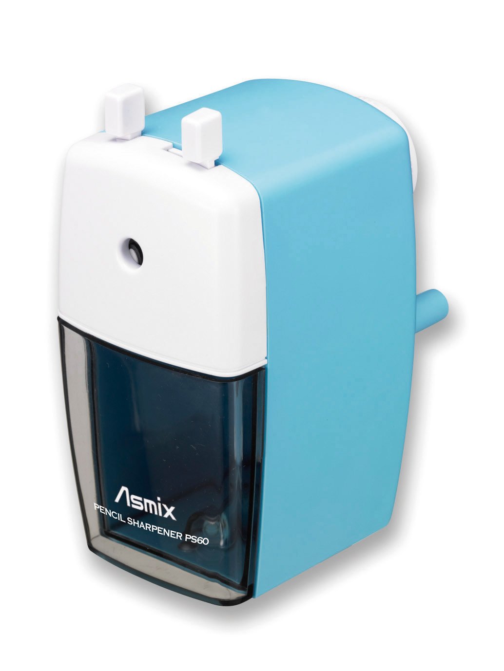 Asmix Hand-Crank Pencil Sharpener PS60B Blue, Spiral Cutter with Stop Mechanism, 350 ml Dust Box, 75 x 148 x 141 mm, 289 g, for Pencils up to 8 mm