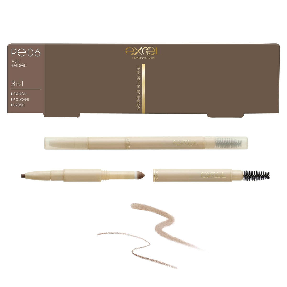 Excel The Prime Eyebrow 3-in-1 Eyebrow Pencil, Powder and Brush in One, Waterproof Formula Oval Lead, 8 Shades, Made in Japan
