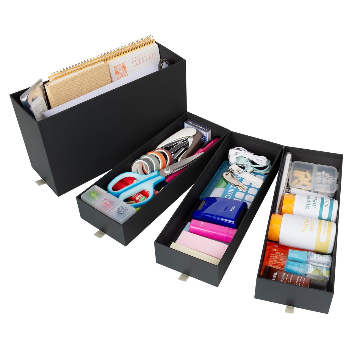 PLUS Desk Organizer Living Post LP-304YL, L Size Board Storage Box with Deep Box and 3 Drawers, 203 x 270 x 174 mm, Matte Laminated Paper, Black, Cream White or Brown