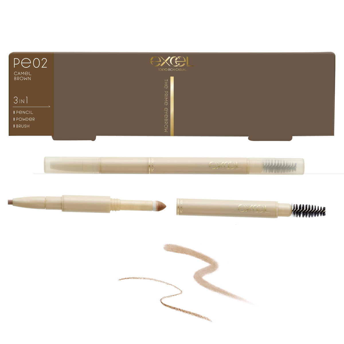 Excel The Prime Eyebrow 3-in-1 Eyebrow Pencil, Powder and Brush in One, Waterproof Formula Oval Lead, 8 Shades, Made in Japan