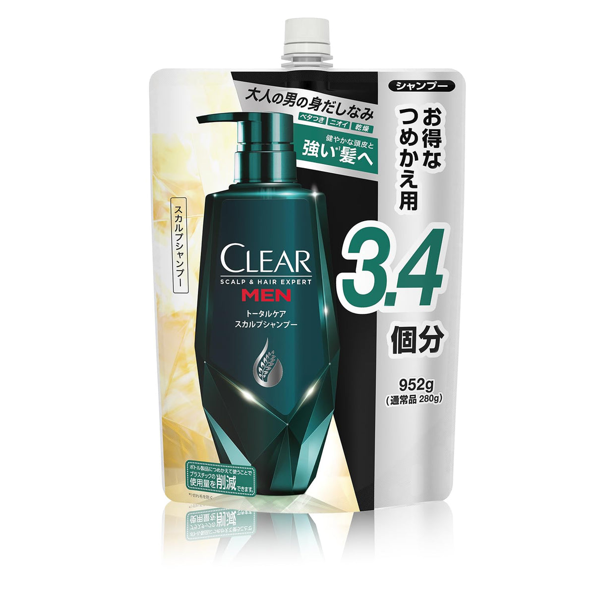 Clear for Men Total Care Scalp Shampoo Refill 952 g, Moisturising Men's Scalp-Care Shampoo with Fermented Olive Oil and Amino Acids, Citrus Fruity Scent