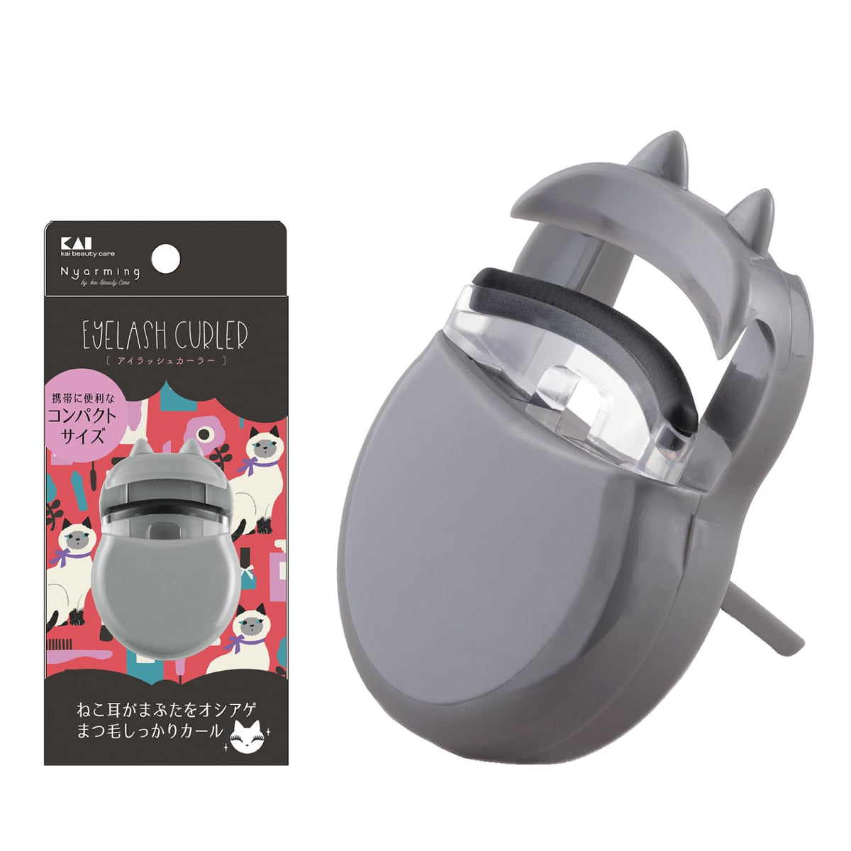 KAI Nyarming Compact Eyelash Curler with Cat Ears and Push-Up Lever, Grey Cat-Shaped Curler for Short Lashes
