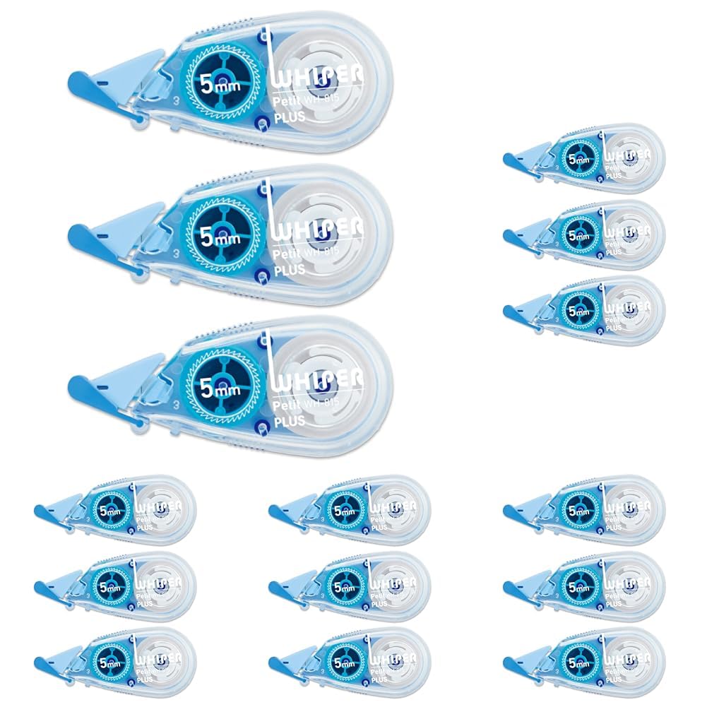 PLUS Whiper Petit Correction Tape 4, 5 or 6 mm x 6 m, Disposable with One-Touch Cap and Press-Fit Head, 58 x 15 x 26 mm Each, Blue, Green or Pink, Packs of 3 to 15