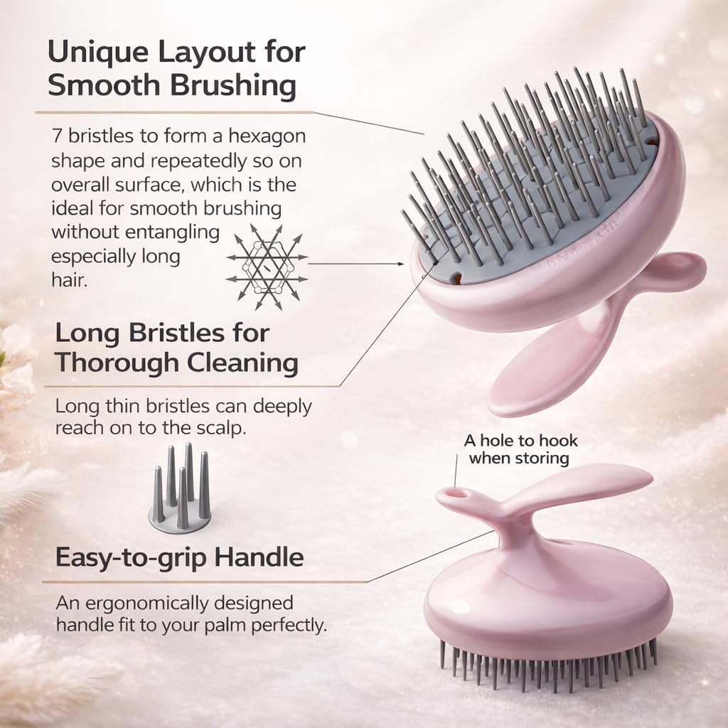 Scalp Scrubber Shampoo Brush with Hexagon Bristle Layout, Pink, for Long Hair and Head Massage, 41 g, Made in Japan