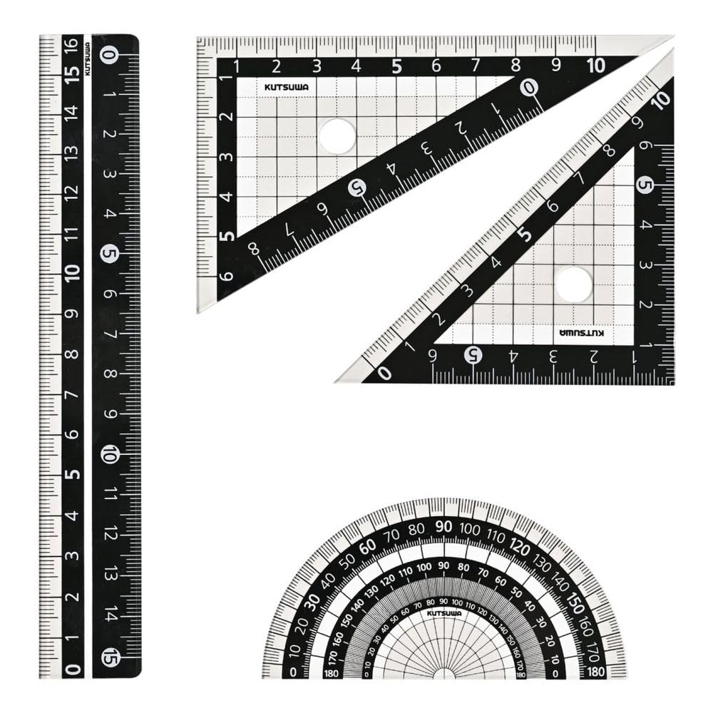 Kutsuwa Ruler Set, Black 4 Piece Set KB035 with 16 cm Ruler, Two Set Squares and Protractor in a Case, or Clear 7 Piece Set AP036 with Compass