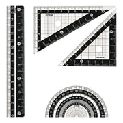 Kutsuwa Ruler Set, Black 4 Piece Set KB035 with 16 cm Ruler, Two Set Squares and Protractor in a Case, or Clear 7 Piece Set AP036 with Compass
