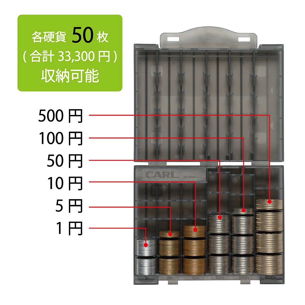 CARL Coin Case CX-1000, Smoke Gray Polypropylene Coin Tray Holding 50 Coins of Each of 6 Japanese Yen Denominations, 151 x 121 x 32 mm, 154 g