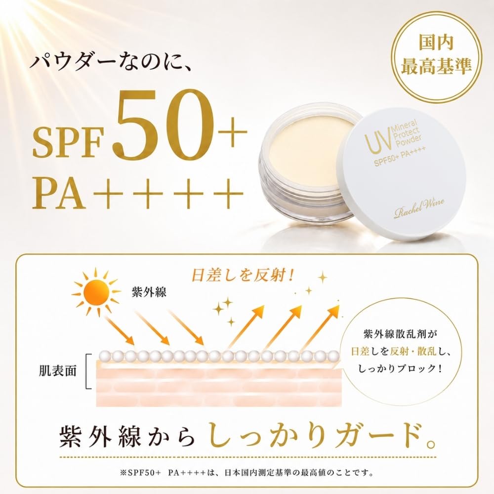 Rachel Wine UV Mineral Protect Powder SPF50+ PA++++, Non-Chemical Soap-Off Touch-Up Powder with Blue Light Cut