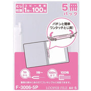 Lihit Lab Looper File F3006-5P, Thin A4 Two-Hole Ring-Free File with One-Touch Fastener, Holds 1 to 100 Sheets, 6 x 226 x 300 mm Each, Pack of 5, Clear or Tinted Cover in 9 Options
