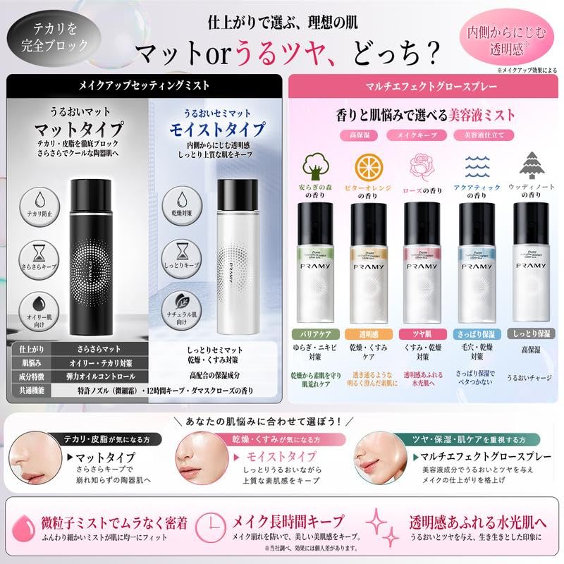 PRAMY Fixing Spray, 3.4 fl oz (100 ml), Long Lasting Makeup, Sweat and Sebum, Natural Finish, Highly Moisturizing Feel, 02.100 ml)