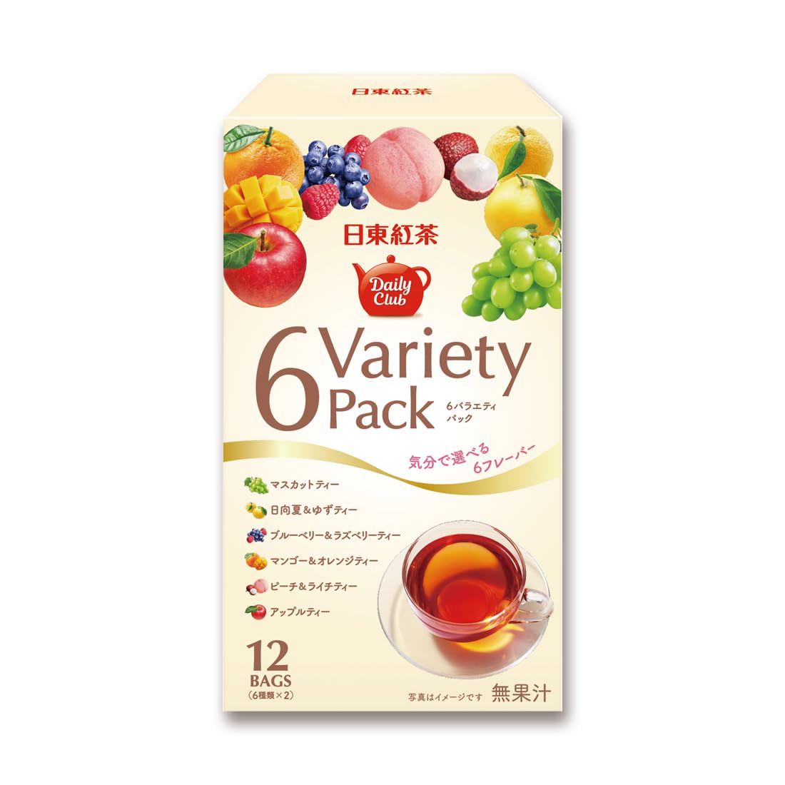 Nittoh Daily Club 6 Variety Pack Flavoured Black Tea Bags, 12 Tea Bags, Six Fruit Flavours