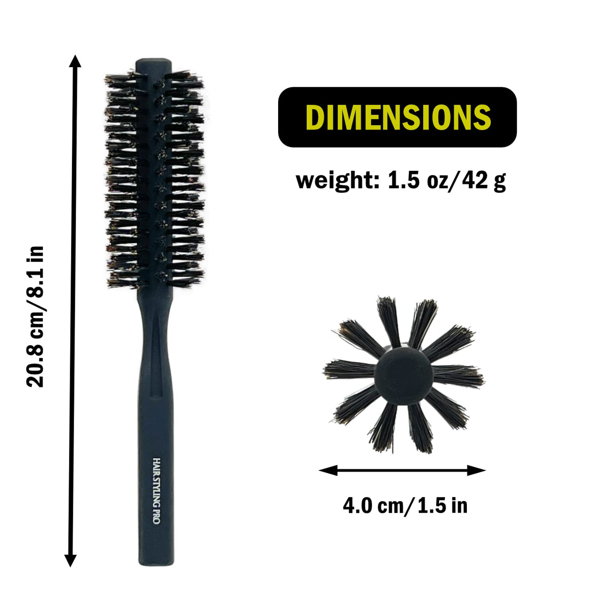 VESS Hair Styling Pro Roll Brush SPR-2200, 40 mm 100% Pig Hair Round Brush with Square Handle, Matte Black, Made in Japan